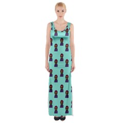 Nerdy 60s  Girl Pattern Aqua Thigh Split Maxi Dress by snowwhitegirl