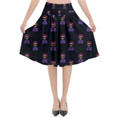 Nerdy 60s  Girl Pattern Black Flared Midi Skirt by snowwhitegirl