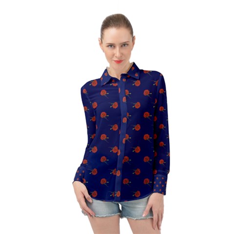 Red Rose Blue Long Sleeve Chiffon Shirt by snowwhitegirl