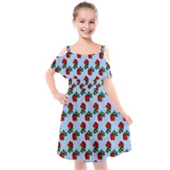 Red Roses Light Blue Kids  Cut Out Shoulders Chiffon Dress by snowwhitegirl