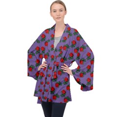 Red Roses Purple Vintage Long Sleeve Velvet Kimono  by snowwhitegirl