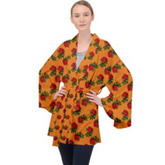 Red Roses Orange Long Sleeve Velvet Kimono  by snowwhitegirl