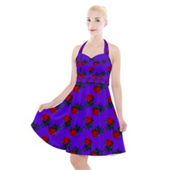 Red Roses Blue Purple Halter Party Swing Dress  by snowwhitegirl