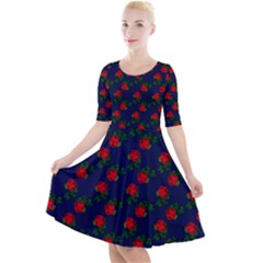 Red Roses Dark Blue Quarter Sleeve A-line Dress by snowwhitegirl