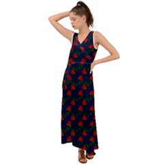 Red Roses Dark Blue V-neck Chiffon Maxi Dress by snowwhitegirl