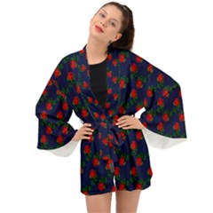 Red Roses Dark Blue Long Sleeve Kimono by snowwhitegirl