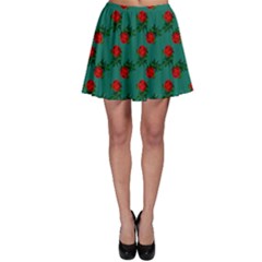 Red Roses Teal Green Skater Skirt by snowwhitegirl