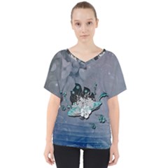 Sport, Surfboard With Flowers And Fish V-neck Dolman Drape Top by FantasyWorld7