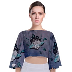 Sport, Surfboard With Flowers And Fish Tie Back Butterfly Sleeve Chiffon Top by FantasyWorld7