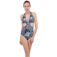 Sport, Surfboard With Flowers And Fish Halter Front Plunge Swimsuit by FantasyWorld7