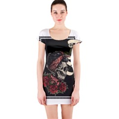 Skull Rose Fantasy Dark Flowers Short Sleeve Bodycon Dress by Sudhe