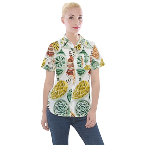 Surface Pattern  Vintage Christmas Ornaments Women s Short Sleeve Pocket Shirt by Sudhe