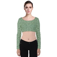 Baroque Green Pearls Ornate Bohemian Velvet Long Sleeve Crop Top by pepitasart