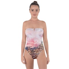 City Buildings Bridge Water River Tie Back One Piece Swimsuit by Simbadda