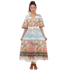 Architecture City Buildings River Kimono Sleeve Boho Dress by Simbadda