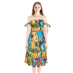 Graffiti Street Art Mountains Wall Shoulder Tie Bardot Midi Dress by Simbadda