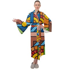 Colorful Geometric Mosaic Background Maxi Velour Kimono by Vaneshart