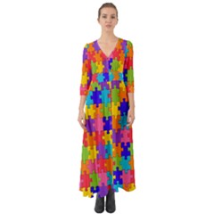 Rainbow Jigsaw Puzzle Button Up Boho Maxi Dress by retrotoomoderndesigns