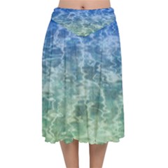 Water Blue Transparent Crystal Velvet Flared Midi Skirt by HermanTelo