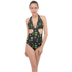 Alien Ufo Pattern Halter Front Plunge Swimsuit by Vaneshart