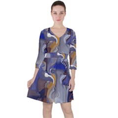 Cobalt Blue Silver Orange Wavy Lines Abstract Ruffle Dress by CrypticFragmentsDesign