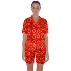 Red Background Yellow Shapes Satin Short Sleeve Pyjamas Set by Simbadda