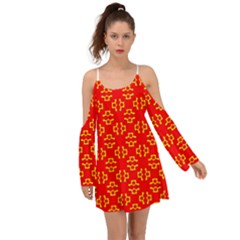 Red Background Yellow Shapes Kimono Sleeves Boho Dress by Simbadda