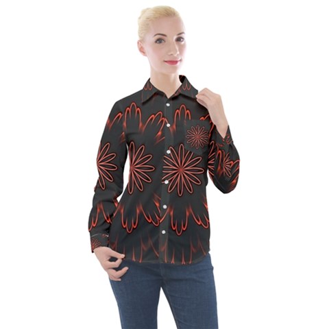 Abstract Glowing Flower Petal Pattern Red Circle Art Illustration Design Symmetry Digital Fantasy Women s Long Sleeve Pocket Shirt by Vaneshart