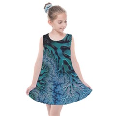 Creative Wing Abstract Texture River Stream Pattern Green Geometric Artistic Blue Art Aqua Turquoise Kids  Summer Dress by Vaneshart