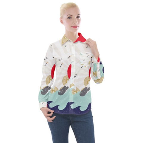 Mountain Sun Japanese Illustration Women s Long Sleeve Pocket Shirt by Vaneshart