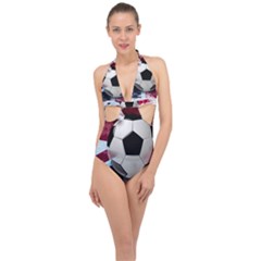 Soccer Ball With Great Britain Flag Halter Front Plunge Swimsuit by Vaneshart