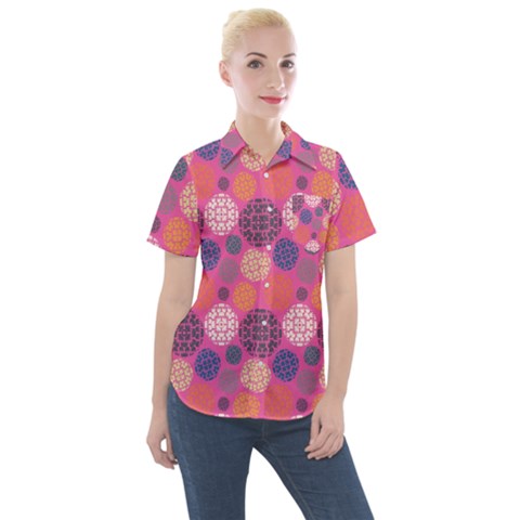 Abstract Seamless Pattern Graphic Pink Women s Short Sleeve Pocket Shirt by Vaneshart