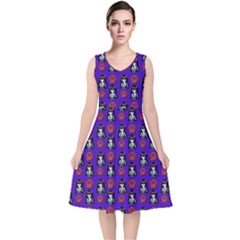 Girl Flower Pattern Royal Blue V-neck Midi Sleeveless Dress  by snowwhitegirl