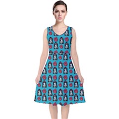 Girl Flower Pattern Blue V-neck Midi Sleeveless Dress  by snowwhitegirl