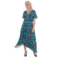 Girl Flower Pattern Blue Cross Front Sharkbite Hem Maxi Dress by snowwhitegirl