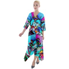 Abstract Flower Painting Quarter Sleeve Wrap Front Maxi Dress by Wegoenart