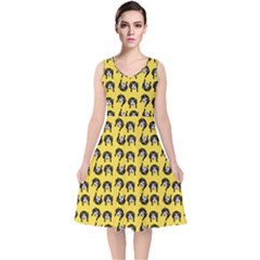 Retro Girl Daisy Chain Pattern Yellow V-neck Midi Sleeveless Dress  by snowwhitegirl