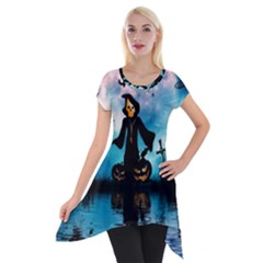 Funny Halloween Design With Skeleton, Pumpkin And Owl Short Sleeve Side Drop Tunic by FantasyWorld7