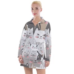 Hand Draw Cats Seamless Pattern Women s Long Sleeve Casual Dress by Vaneshart