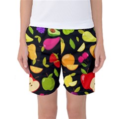 Vector Seamless Summer Fruits Pattern Black Background Women s Basketball Shorts by Vaneshart