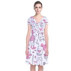 Set Kawaii Doodles Short Sleeve Front Wrap Dress by Vaneshart