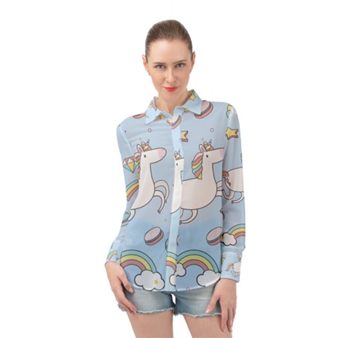 Unicorn Seamless Pattern Background Vector Long Sleeve Chiffon Shirt by Sobalvarro