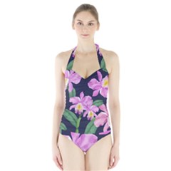 Vector Hand Drawn Orchid Flower Pattern Halter Swimsuit by Sobalvarro