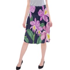 Vector Hand Drawn Orchid Flower Pattern Midi Beach Skirt by Sobalvarro