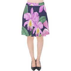 Vector Hand Drawn Orchid Flower Pattern Velvet High Waist Skirt by Sobalvarro