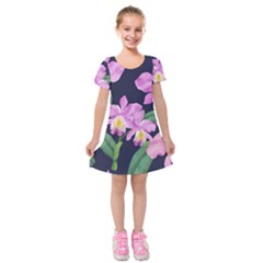 Vector Hand Drawn Orchid Flower Pattern Kids  Short Sleeve Velvet Dress by Sobalvarro