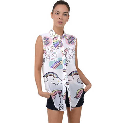 Cute Unicorns With Magical Elements Vector Sleeveless Chiffon Button Shirt by Sobalvarro