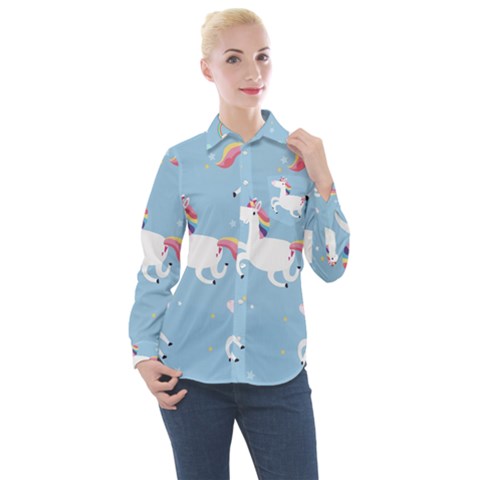 Unicorn Seamless Pattern Background Vector (2) Women s Long Sleeve Pocket Shirt by Sobalvarro