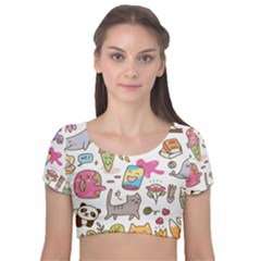 Set Kawaii Doodles Velvet Short Sleeve Crop Top  by Vaneshart