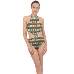 Bluegreen Pumpkins Halter Side Cut Swimsuit by bloomingvinedesign